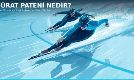 İki sürat patencisi 400 metre oval buz pistinde yarışırken düşük açıdan çekilmiş editorial illüstrasyon, sürat pateni nedir görsel sunum