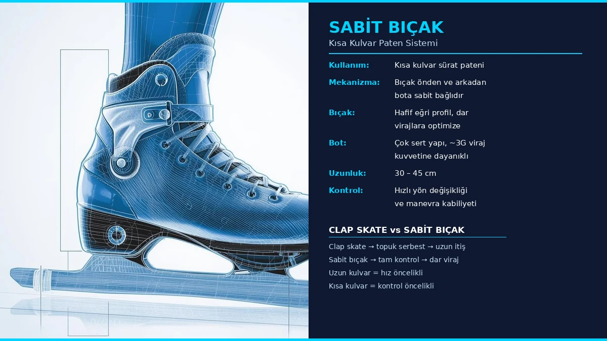 Kısa kulvar sürat pateni sabit bıçak sisteminin teknik detay illüstrasyonu ve Türkçe bilgi paneli