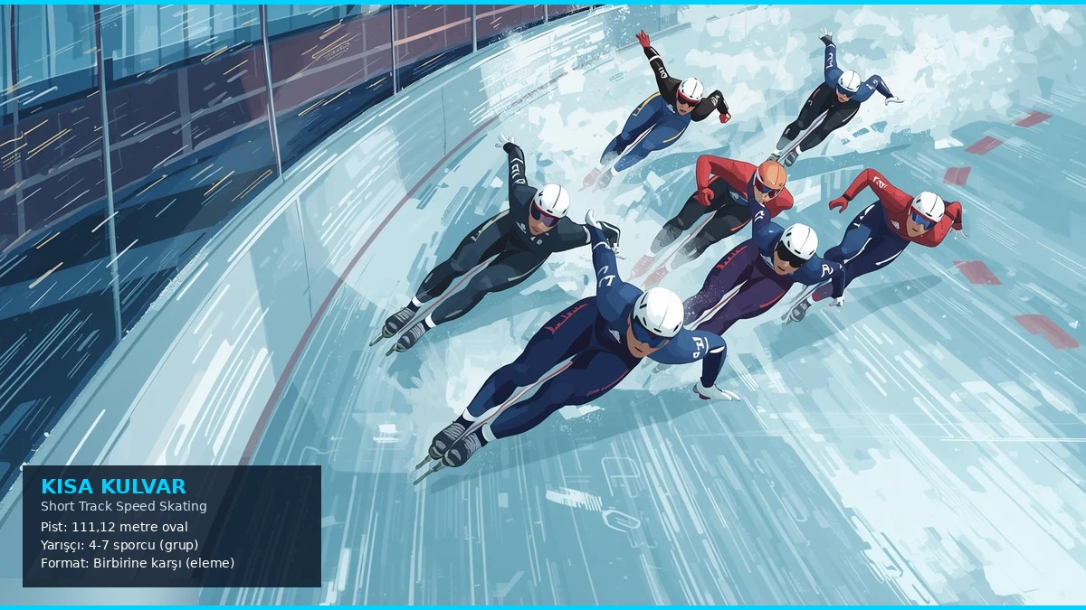 Kısa kulvar sürat pateninde beş sporcu 111 metrelik pistte dar virajda grup halinde yarışıyor