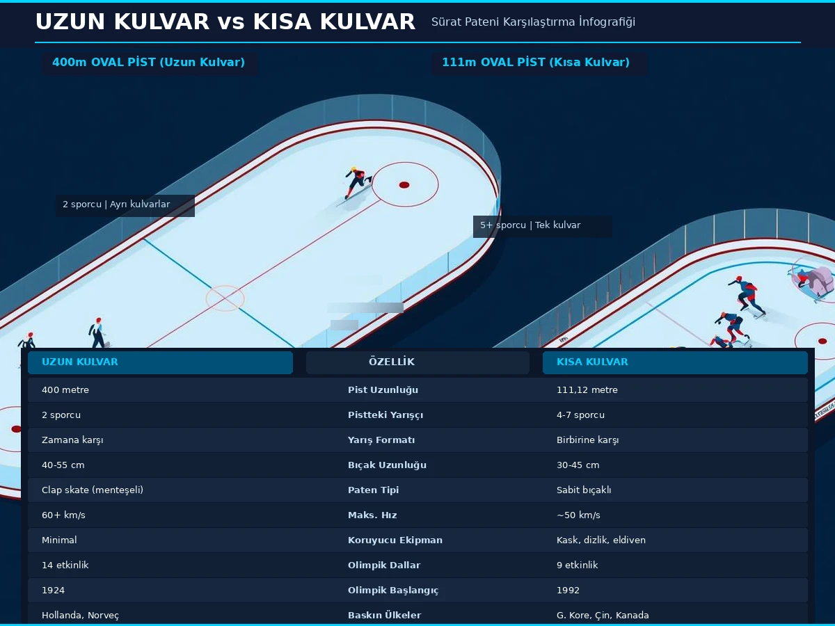 Uzun kulvar 400 metre ve kısa kulvar 111 metre oval buz pistlerinin boyut karşılaştırması ve 10 satırlık fark tablosu